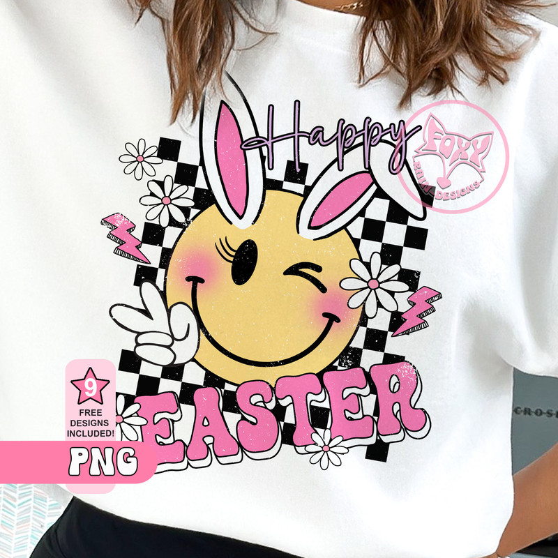 Happy Easter Smiley Face Retro Checkered Bunny Ears Smiley Sublimation Designs Digital Downloads Trending Popular Right Now Dtf Transfers.jpg