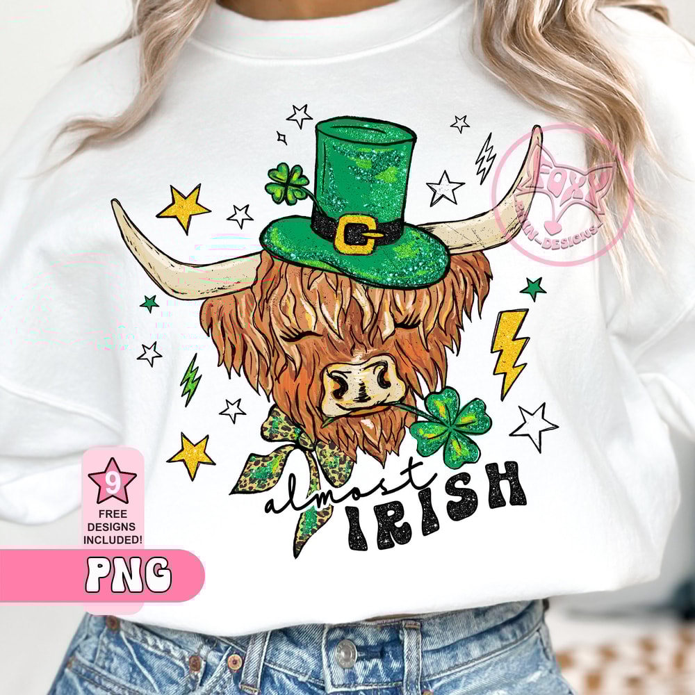 Highland Cow St Patricks Day Shamrock Glitter Png, St Pattys Day Four Leaf Clover Sequin Shirt PNG, Trending Popular right now, Dtf Designs.jpg