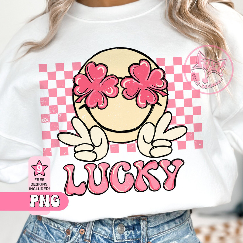 Lucky Smiley Saint Patricks Day PNG, Smile Face Checker St Patricks Day Sublimation Designs Downloads for Shirts, Pink Lucky Shamrock Smile.jpg