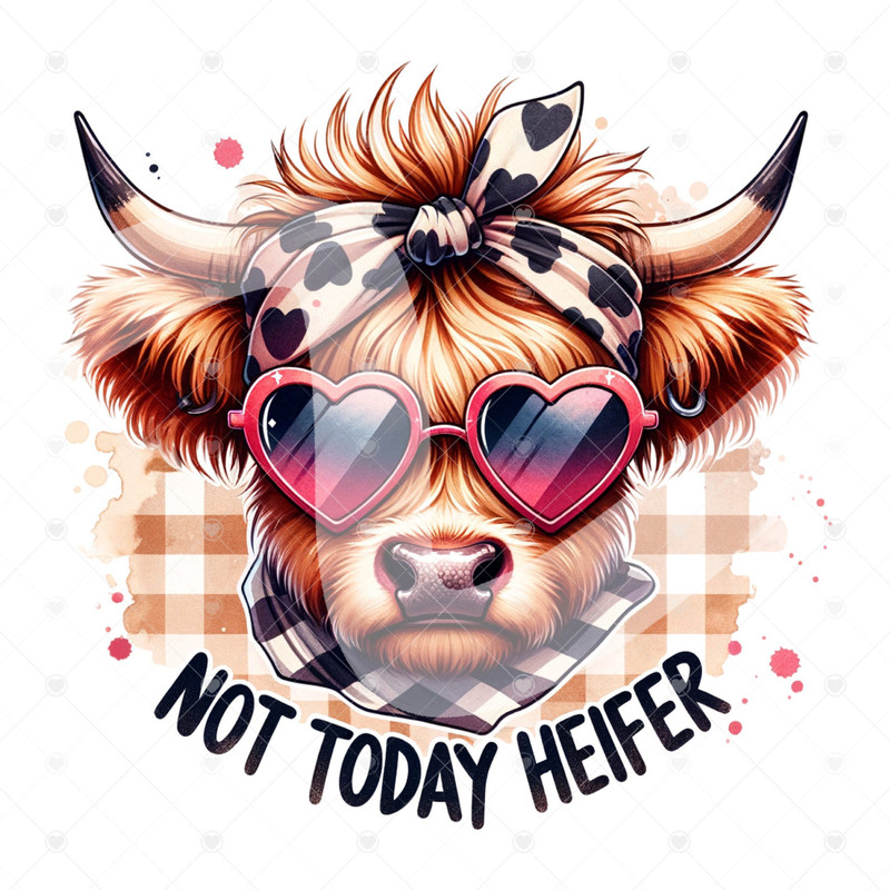 Not Today Heifer PNG, Funny Highland Cow Clipart, Long Haired Cow, Desert Western Cow Sublimation Design, Checkered PNG, DTF Transfer File.jpg