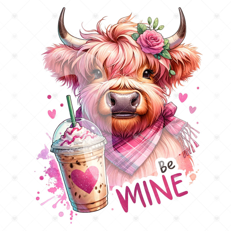 Pink Valentines Cute Highland Cow Clipart, Iced Coffee Png, Shirt Sublimation Design, Digital Download, PNG Instant, Jar Png, Tshirt Design.jpg