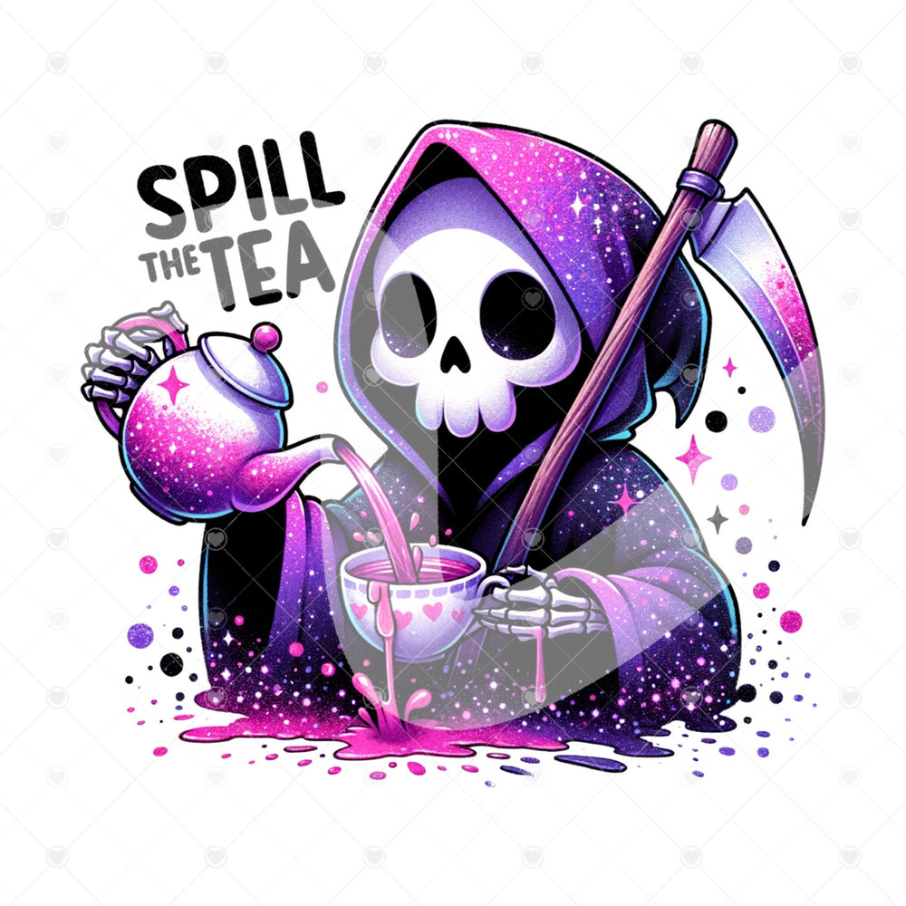 Spill the Tea PNG, Funny Grim Reaper Clipart, Cute Grim Reaper Png, Spooky Shirt Sublimation File, Trendy Tshirt Design, Glass Jar Wrap 1.jpg