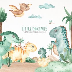 Little dinosaurs watercolor clipart. Cute dinosaurs tyrannosaurus, triceratops, brontosaurus, pterodactyl