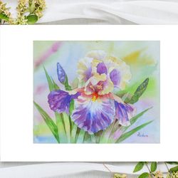 Poster Yellow Violet Iris in the Garden, Watercolor Flowers for Gift