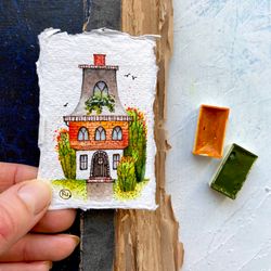 Cottage painting Mini Original art Miniature watercolor Small art gift 2x3 by Rubinova