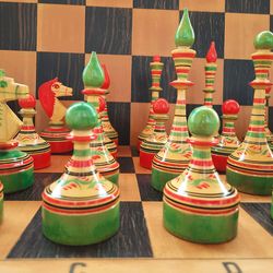 Russian hand painted childrens chess pieces set - big kids chessmen green red folk art