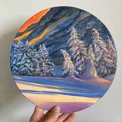 Winter Oil Painting, Original Oil Painting, Landscape Painting, Winter Wall Art, Round Canvas Wall Decor, Mountains Art