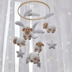 Lamb mobile. lamb plushie.baby shower gift.clouds nursery decor.sheep baby mobile.