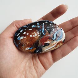 Fawn hand-painted rocks Animal painted stone for garden Deer original rock painting