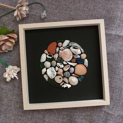 Shell collage. Picture size 9*9 inches. Sea glass pebbles. Seashell Art Eyeshadow Box Seashell Framed