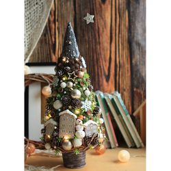 Brown Christmas tree with Lights and driftwood houses, Clay Snowman, Table top tree, decorative xmas tree