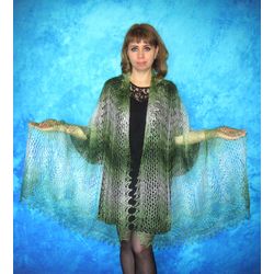 Hand knit green scarf, Warm Russian Orenburg shawl, Wool wrap, Goat down stole, Cover up, Kerchief, Headscarf, Cape