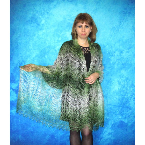 Hand knit green downy scarf, Handmade Russian Orenburg shawl, Goat wool cover up, Lace pashmina, Kerchief, Stole, Tippet, Warm wrap, Cape, Gift for a woman 2.JP