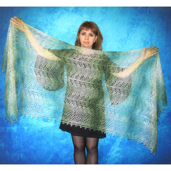 Hand knit green downy scarf, Handmade Russian Orenburg shawl, Goat wool cover up, Lace pashmina, Kerchief, Stole, Tippet, Warm wrap, Cape, Gift for a woman 3.JP