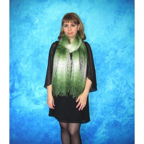 Hand knit green downy scarf, Handmade Russian Orenburg shawl, Goat wool cover up, Lace pashmina, Kerchief, Stole, Tippet, Warm wrap, Cape, Gift for a woman 5.JP