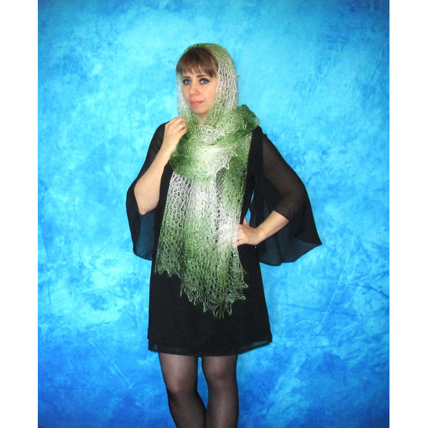 Hand knit green downy scarf, Handmade Russian Orenburg shawl, Goat wool cover up, Lace pashmina, Kerchief, Stole, Tippet, Warm wrap, Cape, Gift for a woman 6.JP