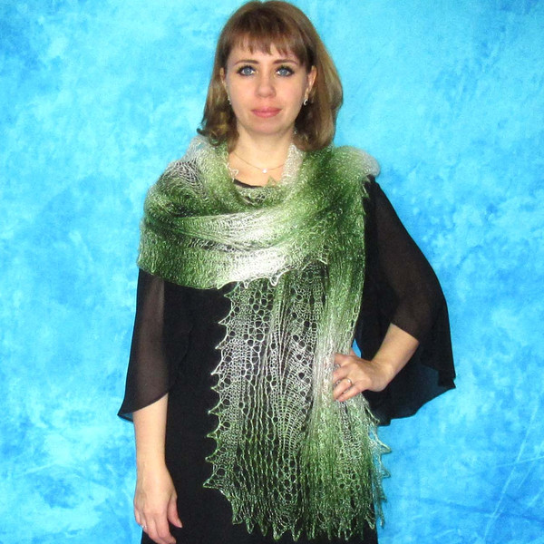 Hand knit green downy scarf, Handmade Russian Orenburg shawl, Goat wool cover up, Lace pashmina, Kerchief, Stole, Tippet, Warm wrap, Cape, Gift for a woman 4.JP