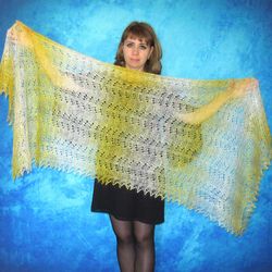 Hand knit yellow scarf, Warm Russian Orenburg shawl, Wool wrap, Goat down stole, Cover up, Kerchief, Headscarf, Cape