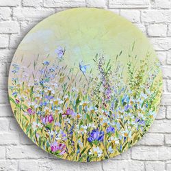 Daisies Painting, Original Round Canvas Painting, Summer Landscape, Impasta, Canvas 20 inches
