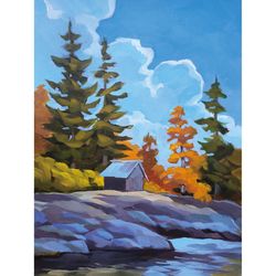 Original painting House on the rocky riverbank. Autumn landscape.