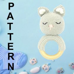 Baby rattle crochet pattern, amigurumi cat baby rattle pattern, new baby toy, PDF pattern, cat teething toy