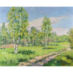 Birches Painting Summer Original Art Landscape Nature Trees Road Impressionism Canvas