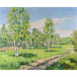 birches painting summer original art landscape nature trees road impressionism canvas