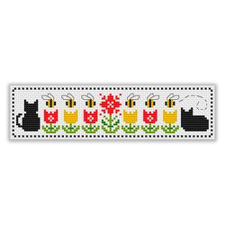 Cross stitch bookmark Cats in Garden – Bookmark cross stitch pattern PDF – Cross stitch mini Cat with Flowers
