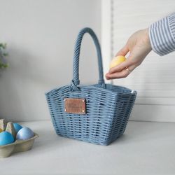 Blue wicker picnic basket with lids Personalized woven basket for boy Small bag for kids Flower girl basket Gift for boy