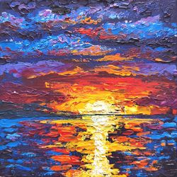 Sunset Painting Oil Seascape Painting Small Original Art Sunset Impasto Wall art Art Work 4" by 4" by KArtYulia