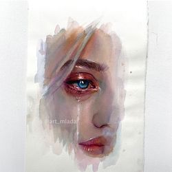 Original watercolor painting Eyes painting Crying girl Wall art decor Female portrait painting