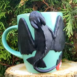 Black Dragon Sculpture on Mug, Made to Order Cup Handmade Polymer Clay Dragon, Best giifts Valentines day for her him