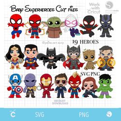 bundle svg baby superheroes, little heroes svg, baby spiderman svg, captain america, avengers svg, hulk svg ironman