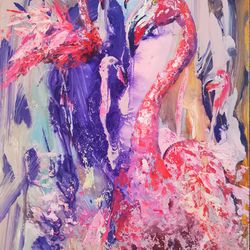 Pink Flamingo Abstract Love Art Original Oil Painting Author Artist Svinar Oksana
