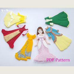 princess and prince pdf pattern, felt 2 dolls sewing tutorial and 10 set clothes, templates play set non paper doll, diy
