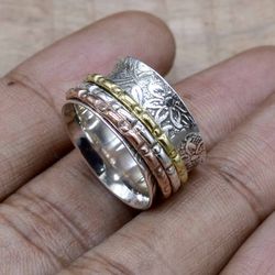 925 Sterling Silver Fidget Spinner Ring, Anxiety Tarnish Free Ring