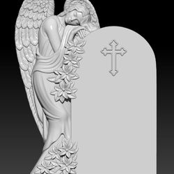 3D STL Model for CNC file Tombstone Angel with lilies and tombstone with cross