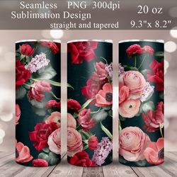 Pink and Red Flowers Tumbler Sublimation Design | Floral 20 oz Skinny Tumbler Wrap