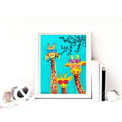 Giraffe Painting Original Family Canvas Art Acrylic Safari Nursery Mother Father Child Art African Wall Art Animal Art