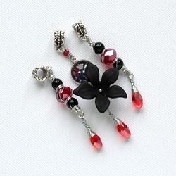 Vampire loc beads, black and red dread beads with flower and glass drops