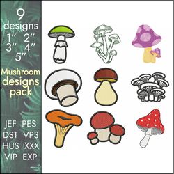 Mushrooms Embroidery Designs Pack, bolete, porcini, boletus, toadstool, aspen, agaric honeydew, chanterelle, 9 designs