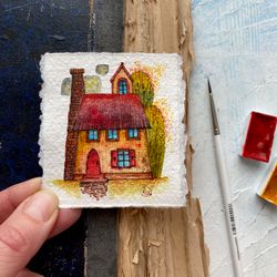 Red roof house painting Original art Mini watercolor Gallery wall art by Rubinova