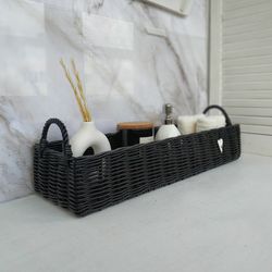 Extra long bathroom basket. Black wicker basket for shelf. Long narrow tray. Rectangular basket. Wicker hamper organizer