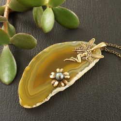 Agate Slice Necklace Brass Fairy Necklace Mustard Olive Yellow Agate Slab Slice Stone Pendant Necklace Jewelry Gift 5981