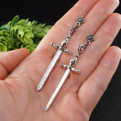 Silver Sword Earrings Dagger Earrings Knife Earrings Blade Earrings Long Stud and Dangle Statement Earrings Jewelry 7964