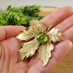 Golden Maple Leaf Brooch Pin Woodland Forest Nature Botanical Large Boho Olive Green Glass Gold Brooch Pin Jewelry 7700