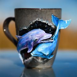 mug with two dolphins, marine theme, space theme, marine inhabitants, sea