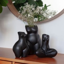 SET OF 3 WOMEN'S BODY VASE, stone Female Statue, Body Art vase, art sculpture, Perfect Gifts vase "Three Grace Black"