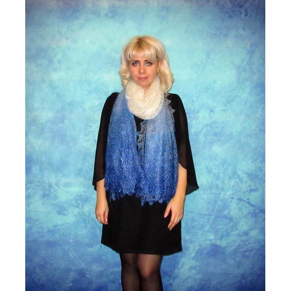 Hand knit blue scarf, Warm Russian Orenburg shawl, Wool wrap, Goat down stole, Lace cover up, Kerchief, Pashmina, Bridal Cape 5.JPG