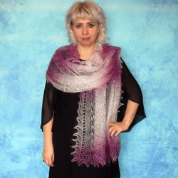 Hand knit purple scarf, Warm Russian Orenburg shawl, Wool wrap, Goat down stole, Lace cover up, Kerchief, Headscarf,Cape